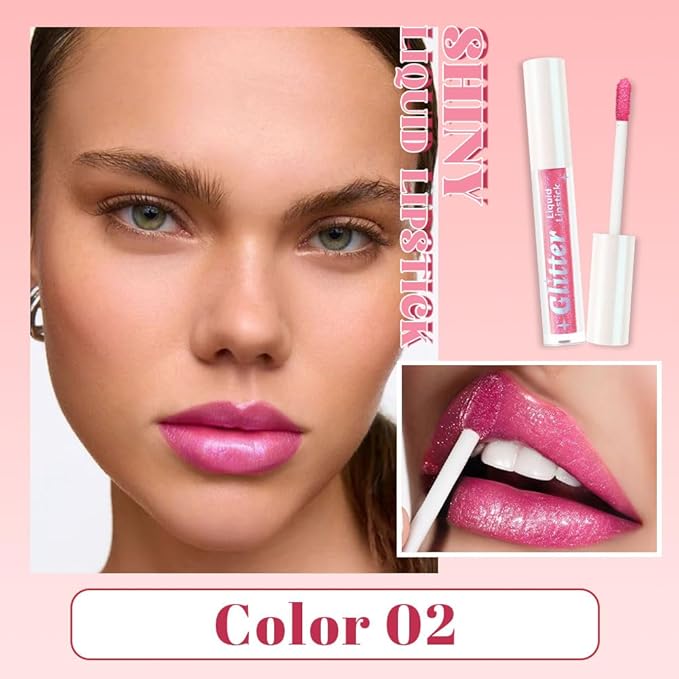 Pink Metallic Lipstick for Women,Lightweight Glitter Sparkling Liquid Lipsticks,Shimmer Lip Gloss Stain Long Lasting Waterproof Smudge Proof Non-Drying 24 Hour Full Coverage Lip Makeup,Vegan
