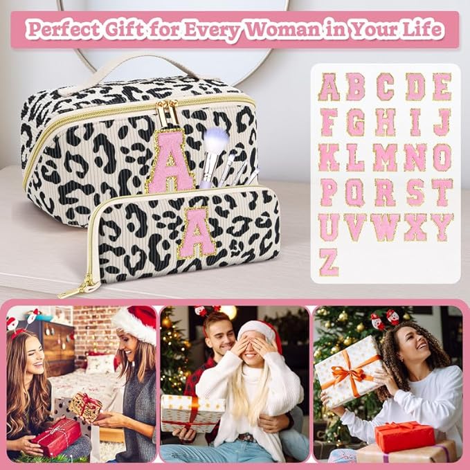 Personalized Travel Makeup Bag Set,Initial Travel Cute Leopard Makeup Organizer Bag,Toiletry Skincare Cosmetic Bag,Christmas Gifts for Women/Girls,Open Flat Toiletry Pouch with Brush Pocket-W