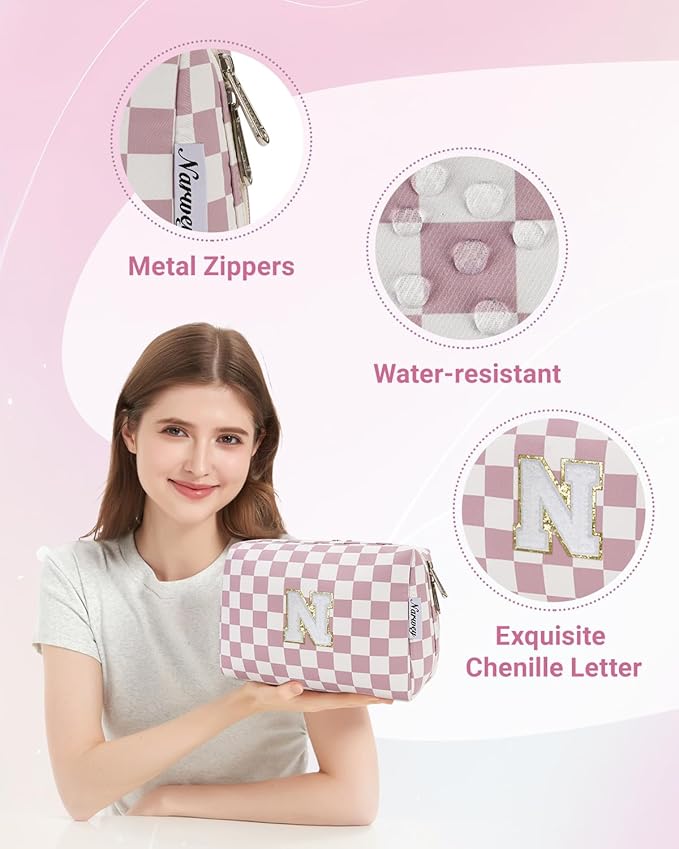 Narwey Birthday Gifts for Teen Girls Kids Women Personalized Initial Checkered Makeup Bag Pink Monogram Cosmetic Bag Trendy Stuff 6 8 10 11 12 13 14 16 18 Years Old Travel Toiletry Bag (Dusty Rose N)