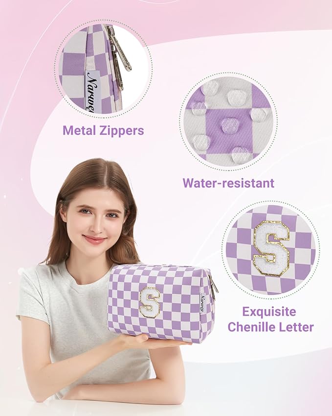 Narwey Birthday Gifts for Women Teen Girls Kids Personalized Initial Makeup Bag Monogram Preppy Cosmetic Bag Trendy Stuff 6 8 10 11 12 13 14 16 18 Years Old Travel Toiletry Bag (Purple S)