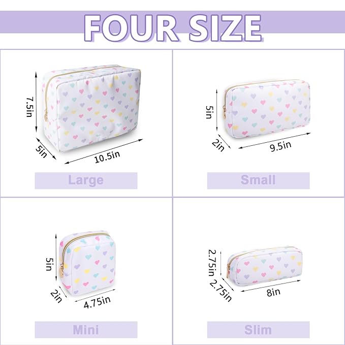 Mini Makeup Pouch for Purse, Nylon Travel Toiletry Organizers Small Cosmetic Bag for Women Girl, Checkered Cute Zipper Coin Purse Preppy Storage Bag for School Work(Mini-White Heart)