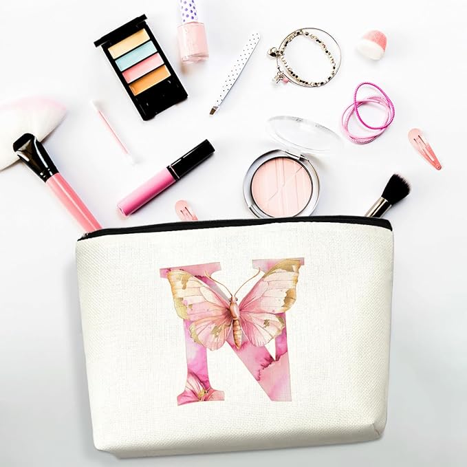 Initial Makeup Bag Pink Butterfly N Personalized Cosmetic Bag Monogrammed Gifts for Women Girls Niece Bridesmaid Monogram Zipper Pouch for Friendship Mothers Day Birthday Wedding Bridal Shower Gifts