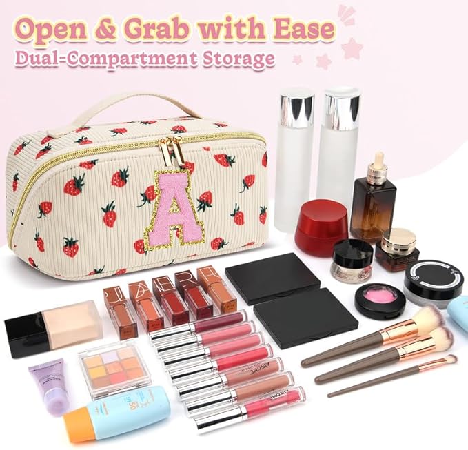 Personalized Travel Makeup Bag Set,Initial Travel Strawberry Makeup Organizer Bag,Toiletry Skincare Cosmetic Bag,Christmas Gifts for Women/Girls,Open Flat Toiletry Pouch with Brush Pocket-E