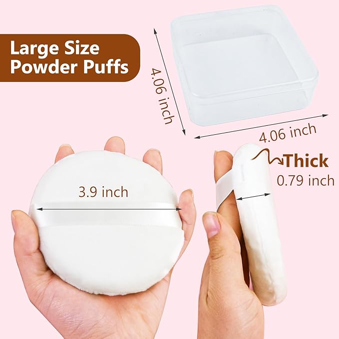 5 Pack Extra Large Body Powder Puff and Container, Soft Cotton 4.13 Inch Dusting Puffs with Washable Round Container for Woman Baby Body Face Loose Powder