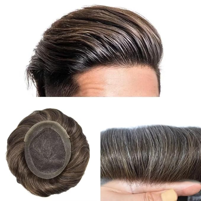 FACE MIRACLE Mens Toupee Lace Front Hairpieces Soft Human Hair Replacement System Natural Hairline Toupee for Men French Lace Poly V-Looped Mens hair Units 7"X9" #350 Dark Brown with 50% Gray