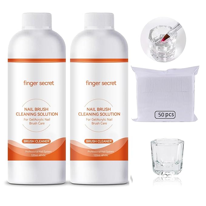 Nail Brush Cleaner 2 packs Nail Brush Cleaner for Gel Polish Nail Brush Cleaner Liquid for Acrylic with Glass Cup Nail Cleaning pads for DIY Salon at Home 8 Fl.Oz