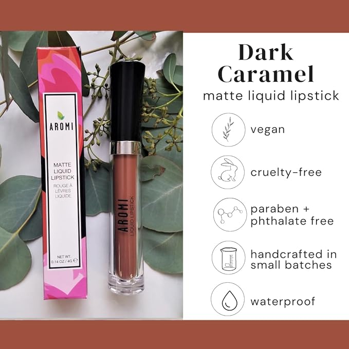 Aromi Matte Liquid Lipstick | Brown Nutmeg Lip Color, Long Wear, Transfer Proof, Paraben, Phthalate, + Gluten Free, Waterproof, Waterproof, Vegan (Dark Caramel)