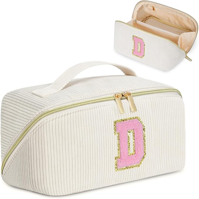 Personalized Initial Makeup Bag,Christmas Gifts for Girl,Preppy Bag Cosmetic Travel Bag Women,Travel Toiletry Organizer,Large Capacity Corduroy Stuff Bag,Cute Cosmetic Pouch Skincare Bag-D