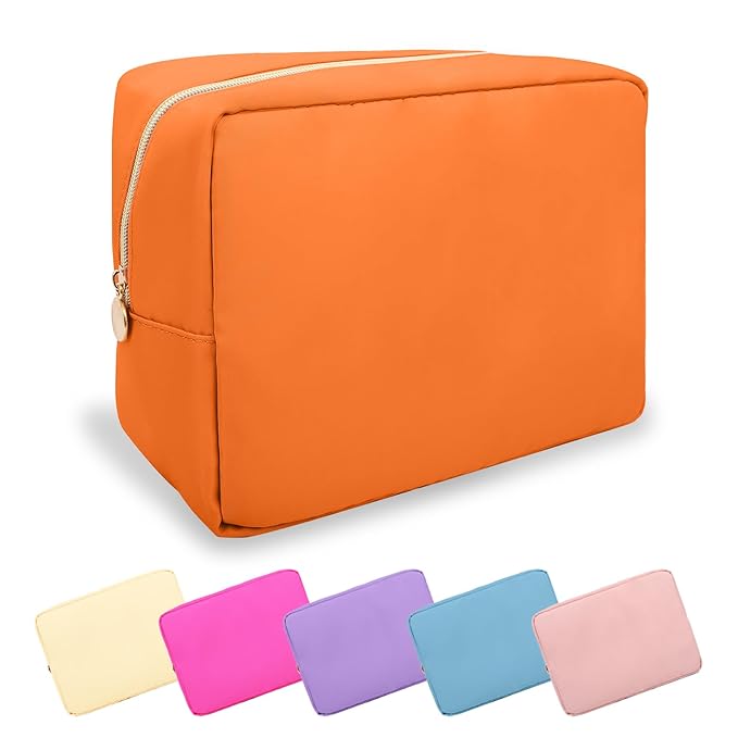 Large Makeup Bag Pouch,Nylon Women Travel Toiletry Storage Bag Preppy Cosmetic Bag for Girls,Big Makeup Organizer Bag Cute Zipper Pouch Skincare Bag for Sport Work Gift(Large-Peach)