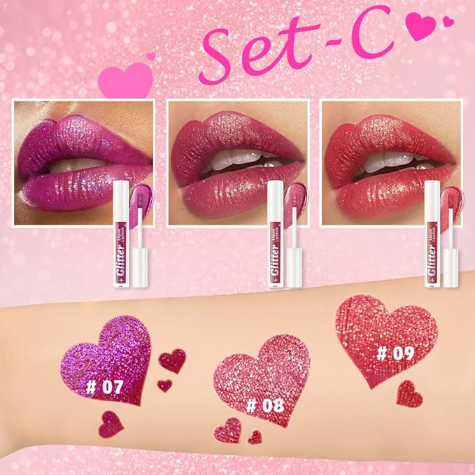 3Pcs Metallic Lipstick for Women,Lightweight Glitter Sparkling Liquid Lipsticks,Shimmer Lip Gloss Stain Long Lasting Waterproof Smudge Proof Non-Drying 24 Hour Full Coverage Lip Makeup,Vegan