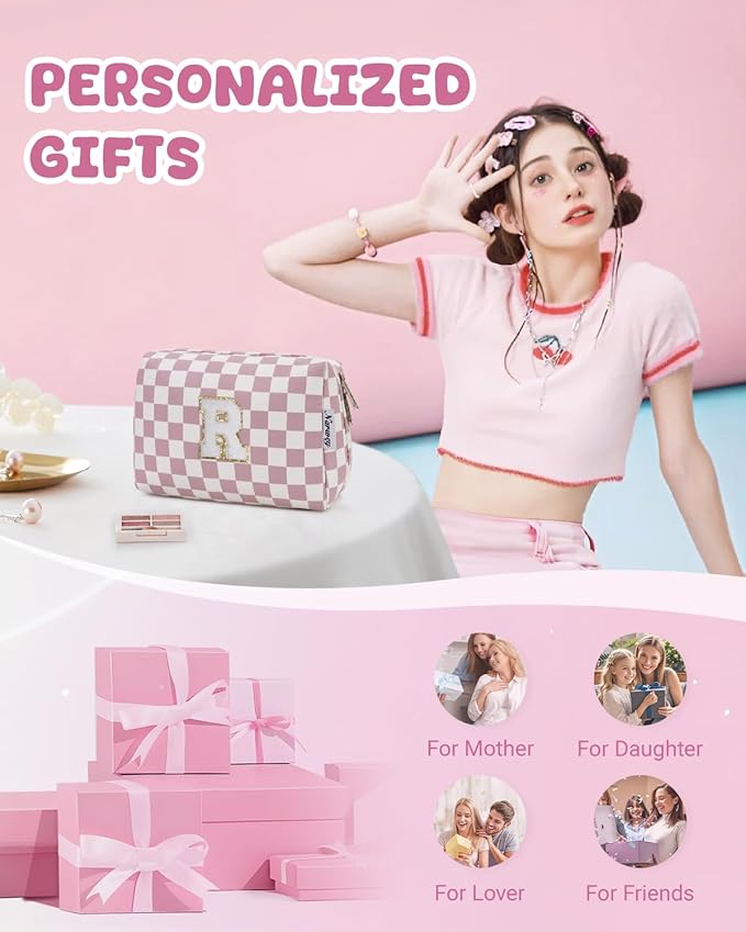 Narwey Birthday Gifts for Teen Girls Kids Women Personalized Initial Checkered Makeup Bag Pink Monogram Cosmetic Bag Trendy Stuff 6 8 10 11 12 13 14 16 18 Years Old Travel Toiletry Bag (Dusty Rose R)