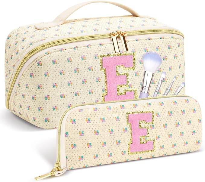 Personalized Travel Makeup Bag Set,Initial Travel Cute Floral Makeup Organizer Bag,Toiletry Skincare Cosmetic Bag,Christmas Gifts for Women/Girls,Open Flat Toiletry Pouch with Brush Pocket-E
