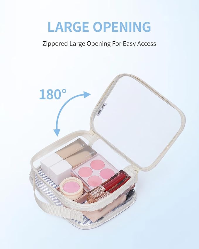 Narwey TSA Approved Clear Toiletry Bag for Travel, Waterproof PVC Clear Makeup Bags, Portable Compact Cosmetic Bag Make Up Organizer, Airport Airline Quart Size Compliant Bag (Greyish Blue Stripe)
