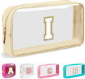 Small Clear Personalized Initial Makeup Bag,Nylon Preppy A-Z Chenille Letter Patch Cosmetic Pouch Beach Toiletry Bag,Waterproof Zipper Travel Purse Storage Bag Organizer for Women Girls(Beige-White I)
