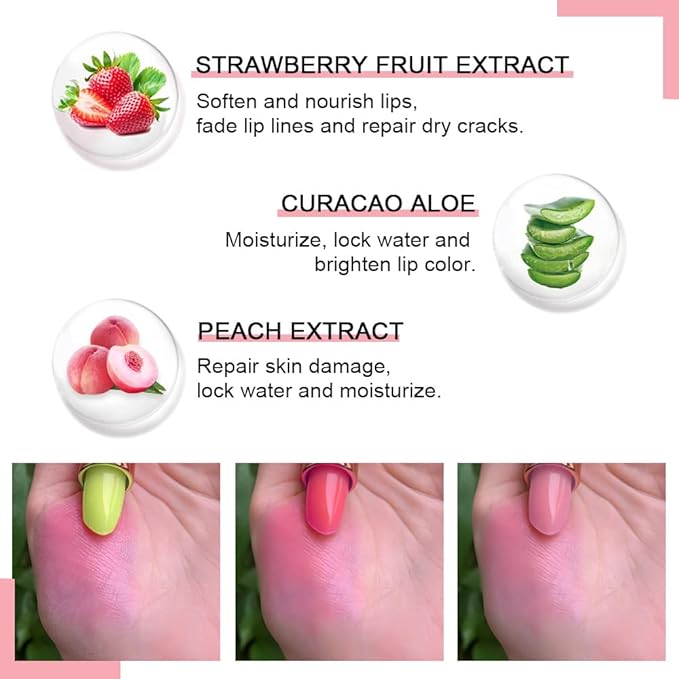 evpct 3Pcs Magic Color Changing Lipstick Long Lasting Waterproof 24 Hours Original for Women, Aloe Vera Strawberry Peach Pink PH Mood Permanent Color Changing Lipstick Lip Balm Gloss, labial magico