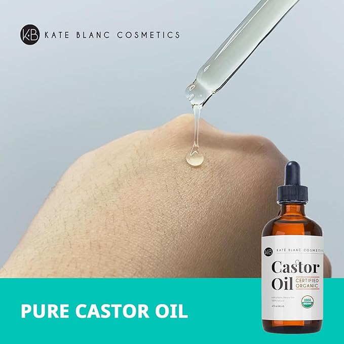 Kate Blanc Cosmetics Castor Oil Organic (4oz), 100% Pure, Cold Pressed, Hexane Free. Natural Oil for Hair, Eyelashes, Eyebrows. Skin Moisturizer with Starter Kit