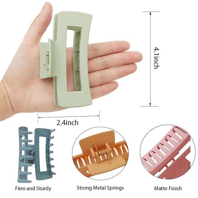 4 Inch Big Hair Claw Clips 6 Pcs Large Claw for Thick Hair Square Hair Clips for Women Rectangle Hair Clips Nonslip Acrylic Banana Jaw Clips Hair Accessories for Girls (Light)