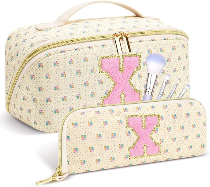Personalized Travel Makeup Bag Set,Initial Travel Cute Floral Makeup Organizer Bag,Toiletry Skincare Cosmetic Bag,Christmas Gifts for Women/Girls,Open Flat Toiletry Pouch with Brush Pocket-X