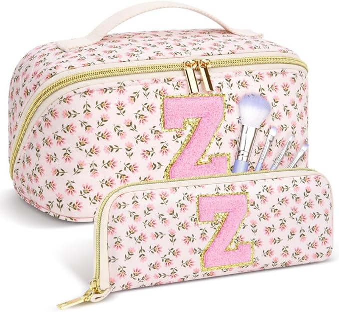 Personalized Travel Makeup Bag Set,Initial Travel Cute Floral Makeup Organizer Bag,Toiletry Skincare Cosmetic Bag,Christmas Gifts for Women/Girls,Open Flat Toiletry Pouch with Brush Pocket-Z