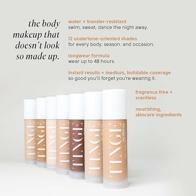 Tinge Tint Body Makeup, Water and Transfer Resistant Up to 48 Hours, Buildable Medium Coverage Body Foundation or Bronzer with Amino Acids, Tattoo Cover Up Makeup, 3.38 FL Oz - Deep Warm