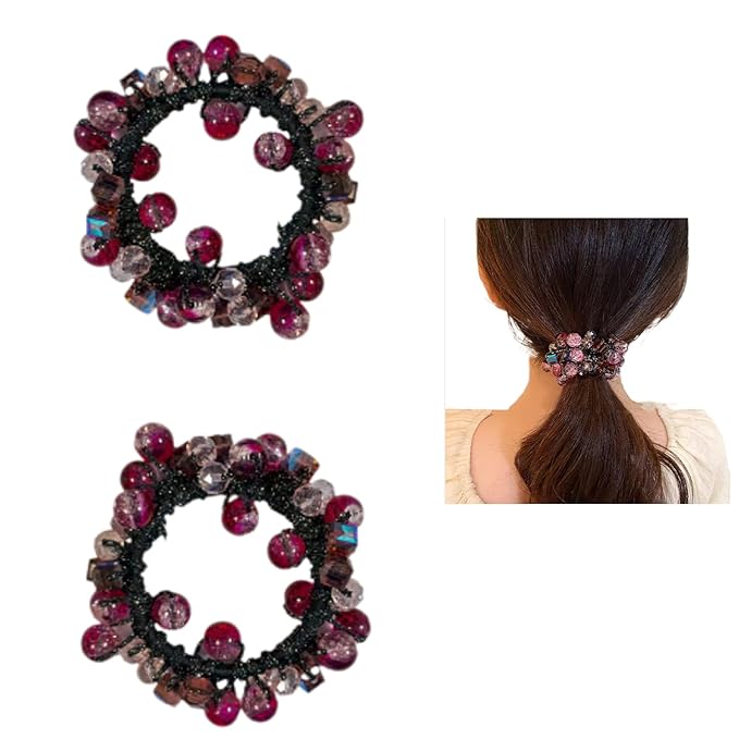 Crystal Beaded Hair ties Scrunchies, Pink and Blue Glass Beads, Black Elastic Band, 2 Pack hair accessories for women。
