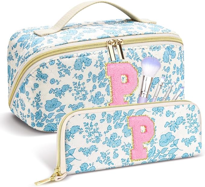 Personalized Travel Makeup Bag Set,Initial Travel Cute Floral Makeup Organizer Bag,Toiletry Skincare Cosmetic Bag,Christmas Gifts for Women/Girls,Open Flat Toiletry Pouch with Brush Pocket-P