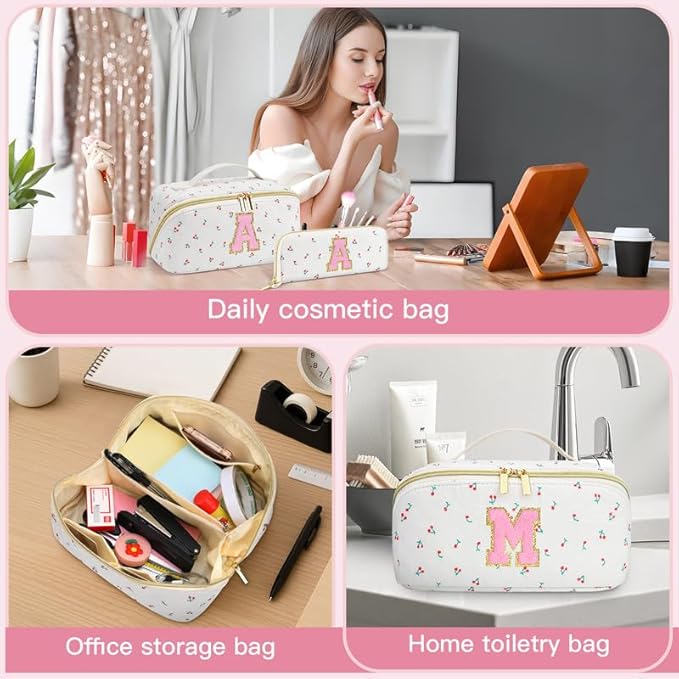 Personalized Travel Makeup Bag Set,Initial Travel Cute Cherry Makeup Organizer Bag,Toiletry Skincare Cosmetic Bag,Christmas Gifts for Women/Girls,Open Flat Toiletry Pouch with Brush Pocket-T