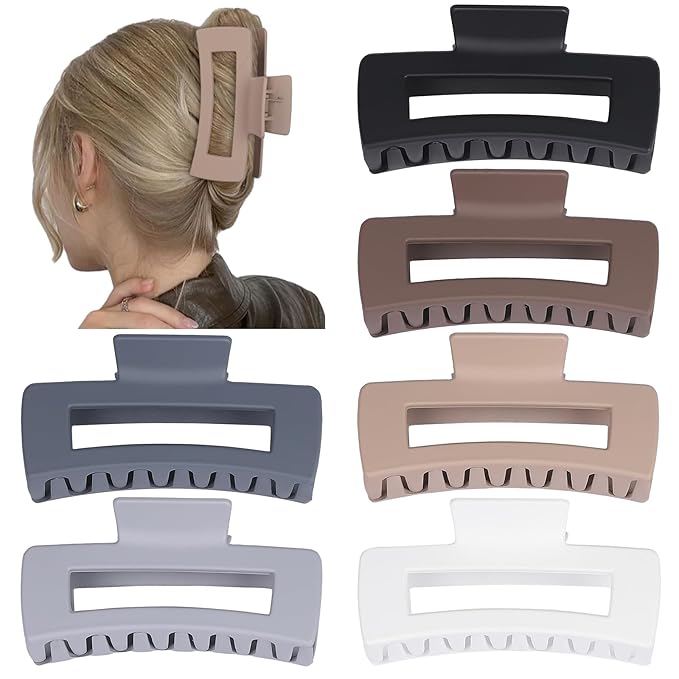 4 Inch Big Hair Claw Clips 6 Pcs Large Claw for Thick Hair Square Hair Clips for Women Rectangle Hair Clips Nonslip Acrylic Banana Jaw Clips Hair Accessories for Girls (Brown Grey)