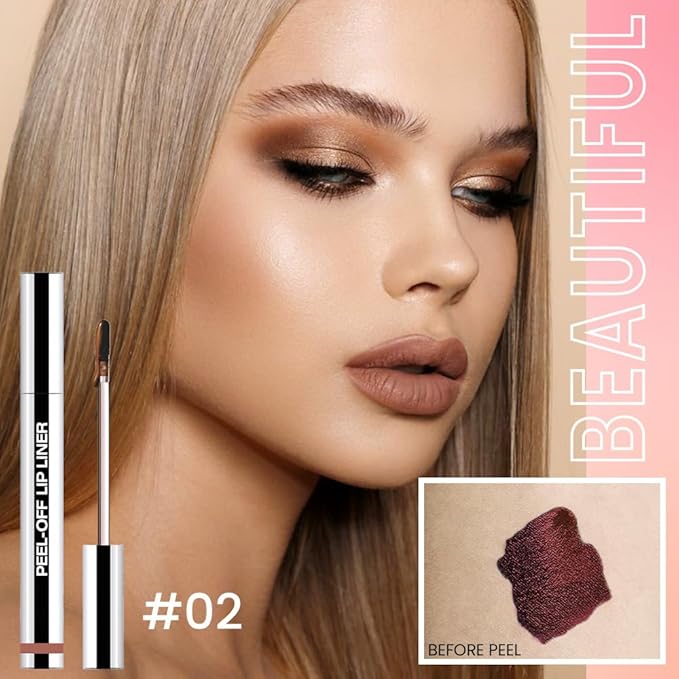 Brown Liquid Matte Lip Liner Stain Peel Off with Tweezer, Long Lasting, Waterproof Matte Lipstick Lip Gloss Tattoo for Women, Transfer-prof Lip Tint Makeup for All Skin Types 02#