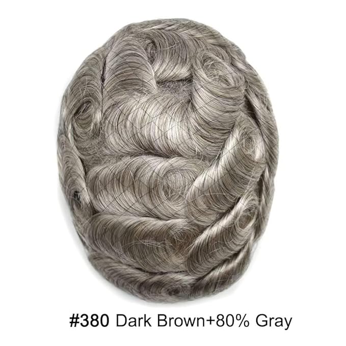 Toupee for Men French Lace Human Hair Replacement Systems Lace Center with Poly Around Hair Piece Mens Toupee Hair Units for Man V-Looped Front Male Hair Units 6"X8" #380 Dark Brown with 80% Gray