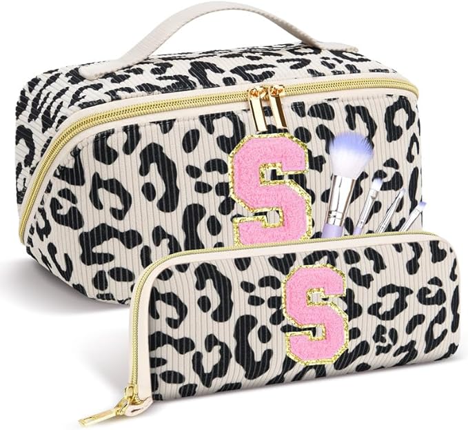 Personalized Travel Makeup Bag Set,Initial Travel Cute Leopard Makeup Organizer Bag,Toiletry Skincare Cosmetic Bag,Christmas Gifts for Women/Girls,Open Flat Toiletry Pouch with Brush Pocket-S