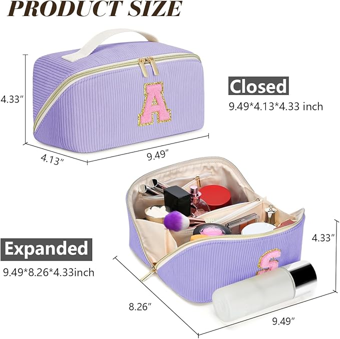 Personalized Initial Makeup Bag,Christmas Gifts for Girl,Preppy Bag Cosmetic Travel Bag Women,Travel Toiletry Organizer,Large Capacity Corduroy Stuff Bag,Cute Cosmetic Pouch Skincare Bag-X