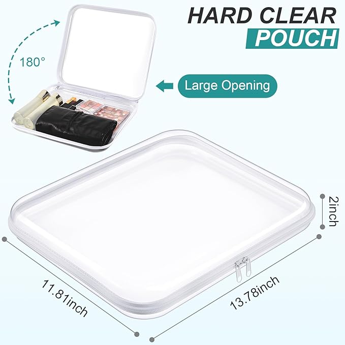 Hoolerry 3 Pcs Clear Hard Zipper Case Plastic Pouch Transparent Hard Case Clear Makeup Bag Portable Travel Organizer Bin for Cosmetics, Building Blocks, Puzzles(White,L)