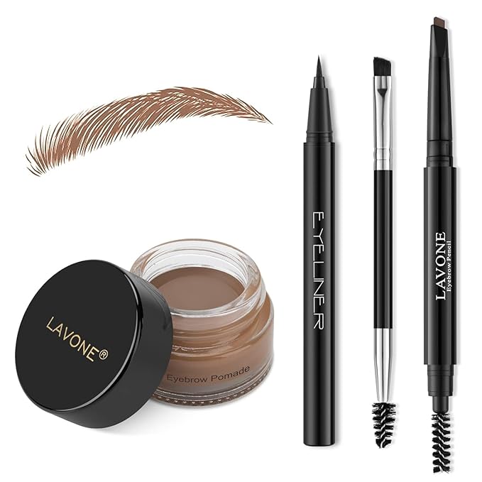 LAVONE Eyebrow Stamp Pencil Kit - Trio for Brows, Waterproof Pencil, Eyeliner, Pomade, Brush - Auburn