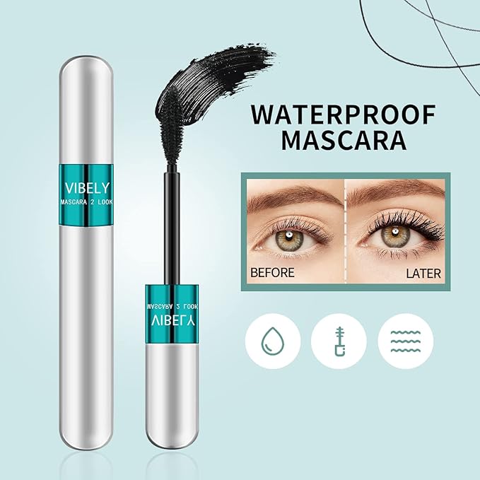 2 Pack 2 in 1 Mascara 5x Longer Waterproof Lash Cosmetics Natural Lengthening and Thickening Effect No Clumping Superstrong Magic 4d Silk Fiber For Vibely Mascara Makeup (2 Pack)