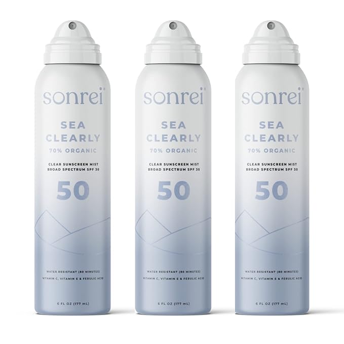 Sonrei Sea Clearly® Organic Mist Sunscreen | SPF 50, Broad Spectrum, Water-Resistant | Vegan, Non-Greasy | Ideal for Face & Body | 6 Fl Oz (Pack of 3)