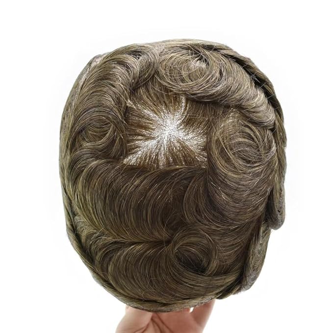 FACE MIRACLE Toupee for Men French Lace Hairpiece Human Hair Replacement System Skin PU Mens Toupee Hair Wigs for Man V-Looped Front Hair Prosthesis 6"X9" 6# LIGHT BROWN