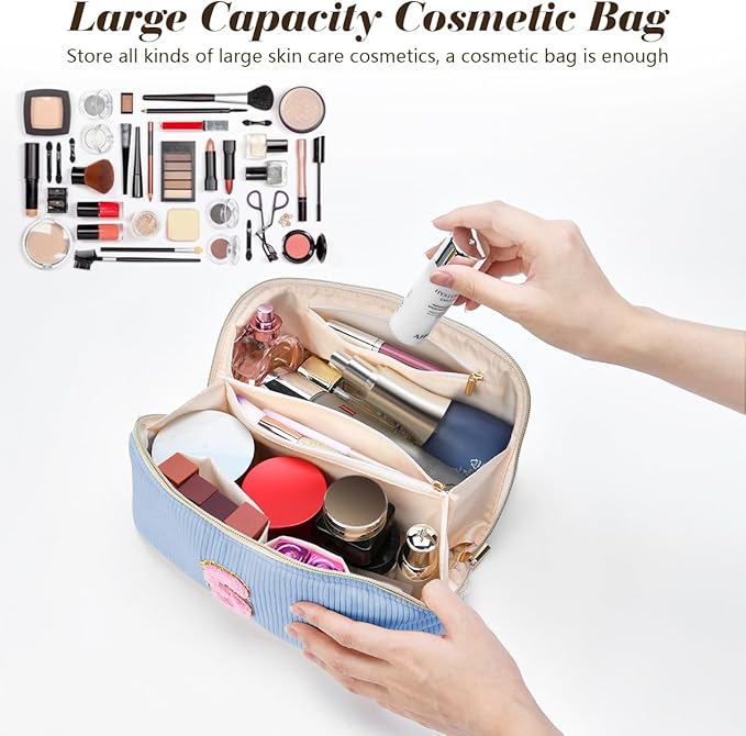 Personalized Initial Makeup Bag,Christmas Gifts for Girl,Preppy Bag Cosmetic Travel Bag Women,Travel Toiletry Organizer,Large Capacity Corduroy Stuff Bag,Cute Cosmetic Pouch Skincare Bag-Q