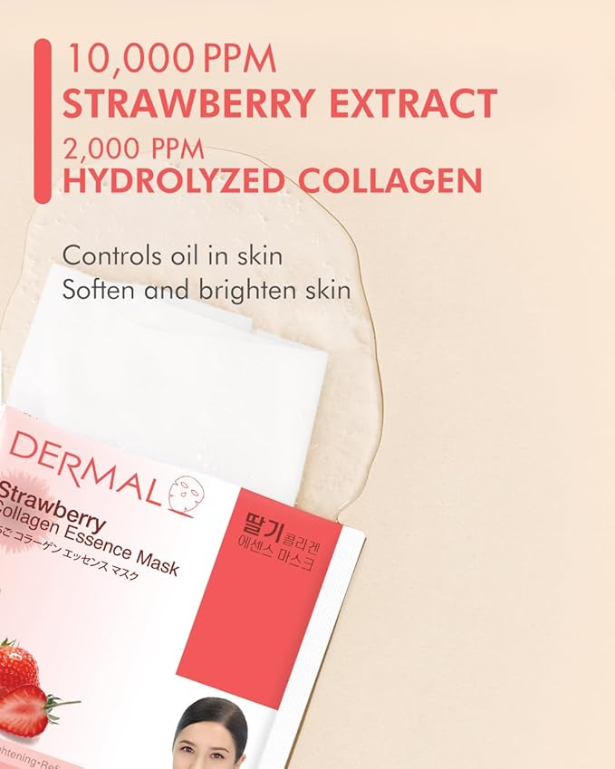 DERMAL Strawberry Collagen Essence Facial Mask Sheet 23g Pack of 10 - Pore Tightening & Sebum Control for Oily Skin, Hydrating Daily Skin Treatment Solution Sheet Mask