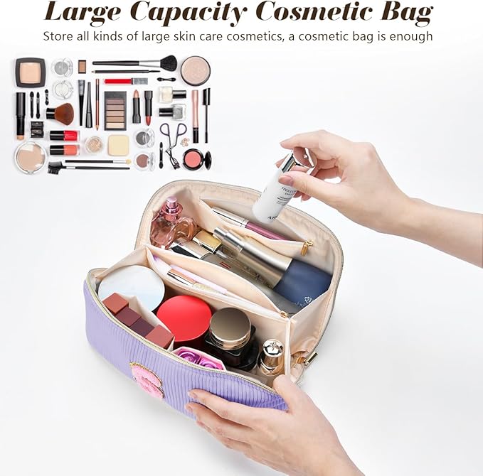 Personalized Initial Makeup Bag,Christmas Gifts for Girl,Preppy Bag Cosmetic Travel Bag Women,Travel Toiletry Organizer,Large Capacity Corduroy Stuff Bag,Cute Cosmetic Pouch Skincare Bag-X