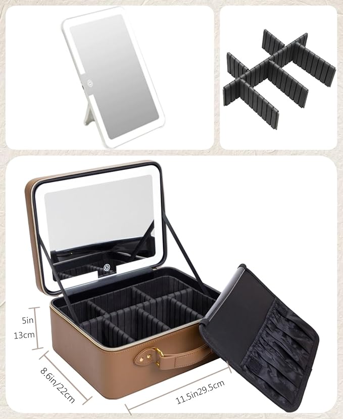 Travle Makeup Bag with LED Mirror, Makeup Train Case with Light Up Mirror, Portable Waterproof Makeup Organizer with Adjustable Dividers, Cosmetic Brush Holder Storage for Women Gift