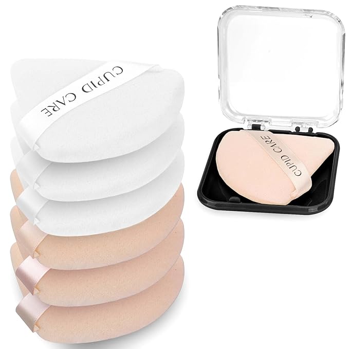 6 Pcs Triangle Powder Puff with 2 Travel Cases, Setting Powder Puffs for Face Powder and Foundation, Velour Makeup Puff for Loose Powder Body Powder, Skin-Friendly, Beauty Makeup Tools