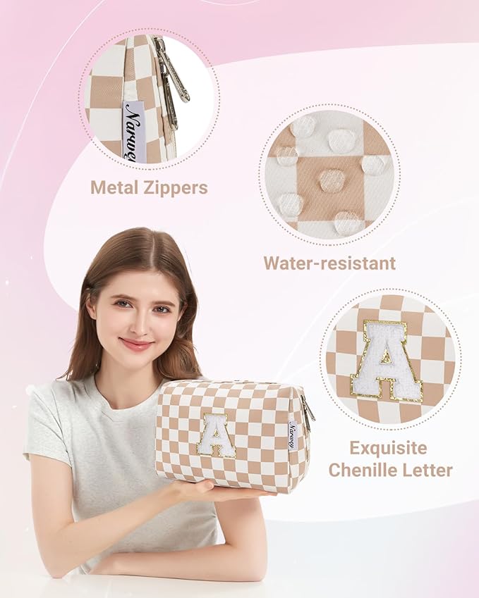 Narwey Christmas Gifts for Women Personalized Initial Makeup Bag, Teen Girls Trendy Stuff 10 11 12 13 14 16 18 Years Old Travel Toiletry Cosmetic Bag, Gift for Bridesmaid Teacher Graduation (Brown A)