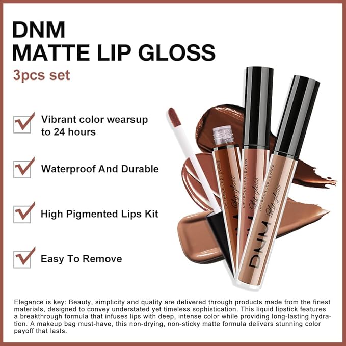 AMY'S DIARY 3Pcs Matte Liquid Lipstick Set, Dark Chocolate Brown Terracotta Brown Taupe Nude Lip Stain Kit, LipStain Long Lasting 24 Non-Transfer Lip Gloss, Waterproof Lip Makeup for Women Lippies