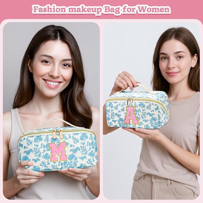 Personalized Travel Makeup Bag Set,Initial Travel Cute Floral Makeup Organizer Bag,Toiletry Skincare Cosmetic Bag,Christmas Gifts for Women/Girls,Open Flat Toiletry Pouch with Brush Pocket-V