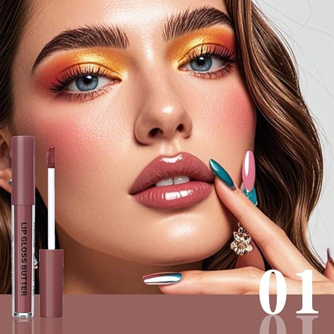 2Pcs Brown Nourishing Lip plumper Gloss, Long Wear Hydration Mini Liquid Lipstick Makeup, Moisturizing High Shine Lip Glow Oil Fresh Lightweight Glossy Plumping Lip Gloss for Women (01+04)