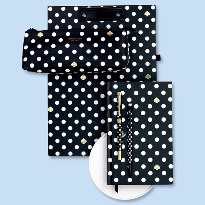 Kate Spade New York A4 Clipboard Folio with Low Profile Clip, Black Professional Padfolio Includes Lined Notepad, Pen Loop, and Pocket, Polka Dots