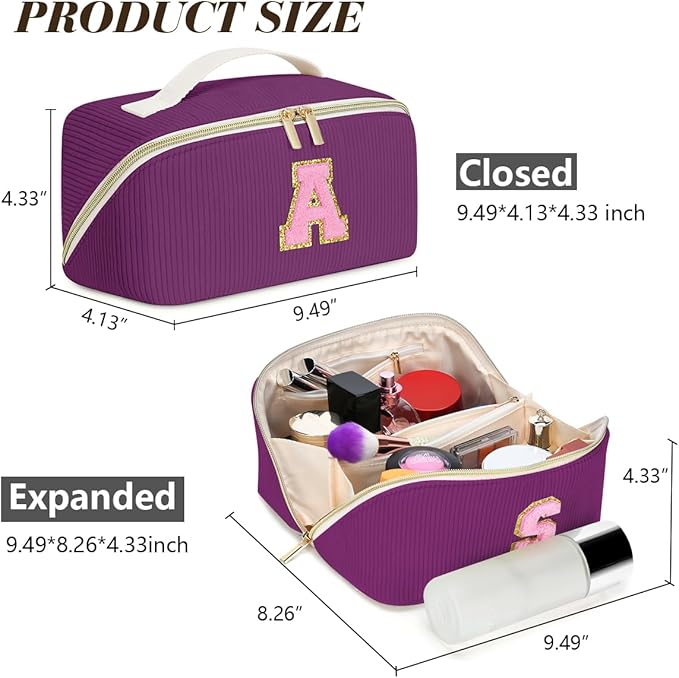 Personalized Initial Makeup Bag,Christmas Gifts for Girl,Preppy Bag Cosmetic Travel Bag Women,Travel Toiletry Organizer,Large Capacity Corduroy Stuff Bag,Cute Cosmetic Pouch Skincare Bag-X
