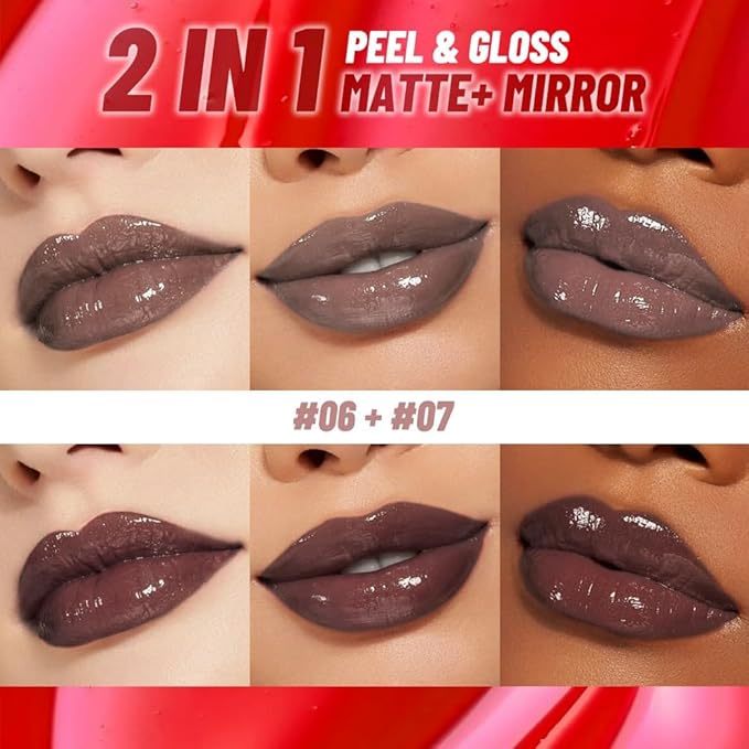 2Pcs Peel off Lip Stain Lip Oil Dual Ended Combo Set with Tweezer, 2 in 1 Brown & Maroon Lips Liner Stain Oil Long Lasting Waterproof, High Pigmented Flawless Lips Tint Stick Not Faded