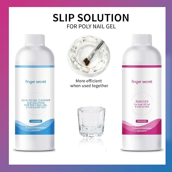 Nail Polish Remover Kit Nail Polish Remover & Slip Solution Polish Remover for Nails Slip Solution for Poly Gel Nails with Glass Cup Nail Cleaning pads